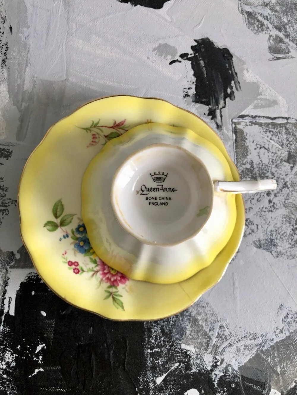 Queen Anne Bone China Yellow Teacup and Saucer, Rose Pattern